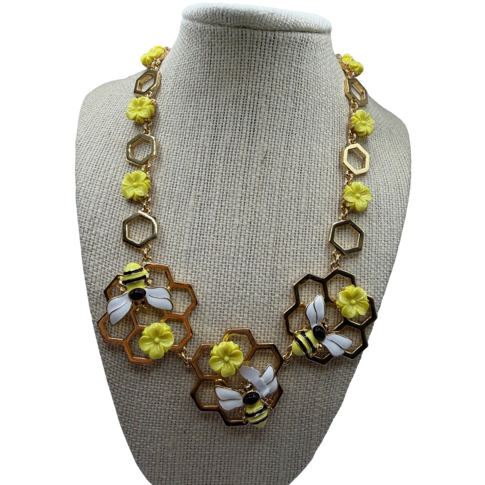 Talbots Bee‎ Honeycomb Flower Statement Necklace Gold Tone Yellow Accents